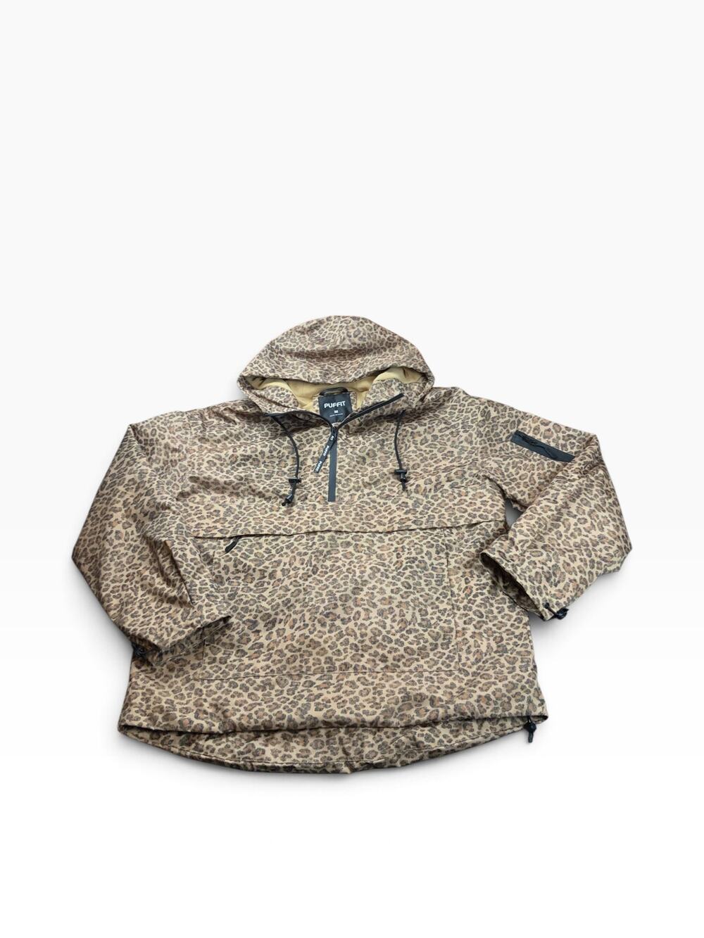 PUFFIT Leopard Print Anorak Jacket M Fleece Lined Hooded Pullover Cheetah